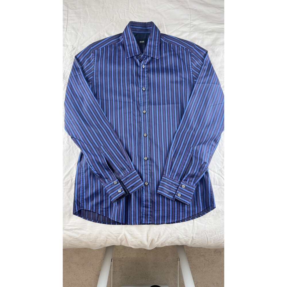 Hugo Boss Men’s Blue 100% Cotton Stripe Dress Shirt Long Sleeve Shirt SZ Medium